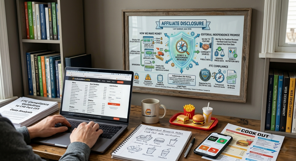 A first-person view of a person typing on a laptop at a wooden desk. The workspace is filled with data verification notebooks, a smartphone displaying delivery apps, a Cook Out menu flyer, and an FTC compliance document. A framed infographic of an Affiliate Disclosure hangs on the wall behind the laptop.