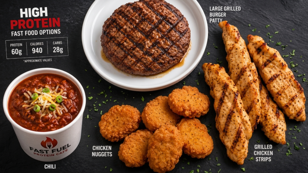 High-protein Cook Out menu options including grilled burger patty, chicken nuggets, chili, and grilled chicken strips for a protein-rich fast-food meal.