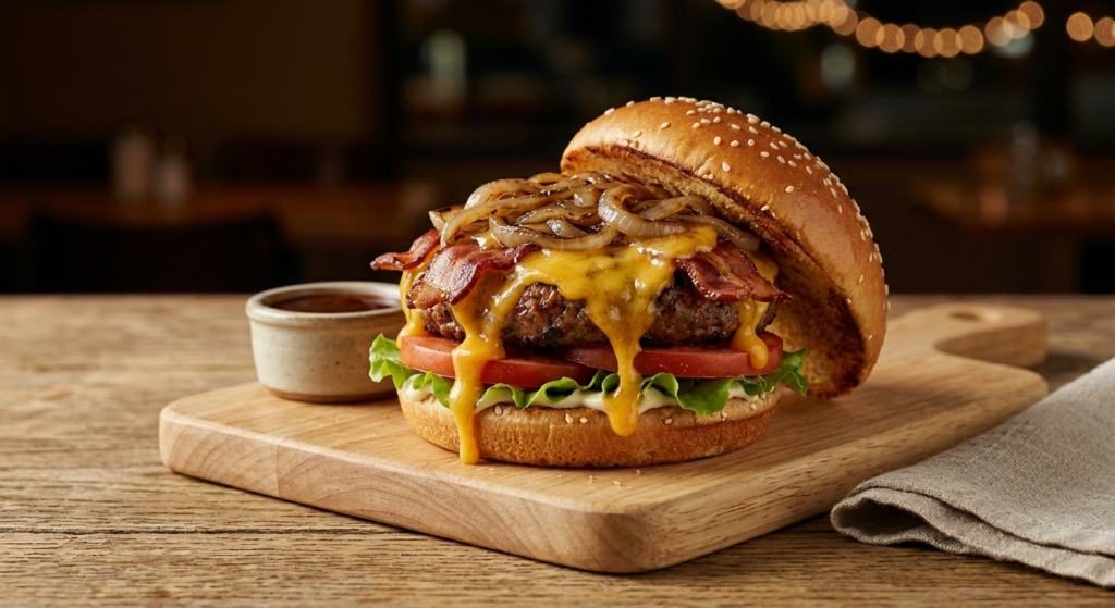 Cheddar Style burger with bacon cheddar cheese and grilled onions