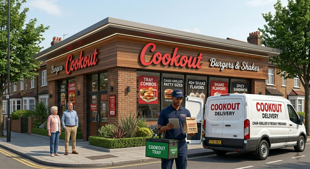 Cook Out delivery guide showing how to order Cook Out Trays, burgers, milkshakes, and sides through DoorDash, Uber Eats, and Grubhub with delivery prices, fees, and hours.