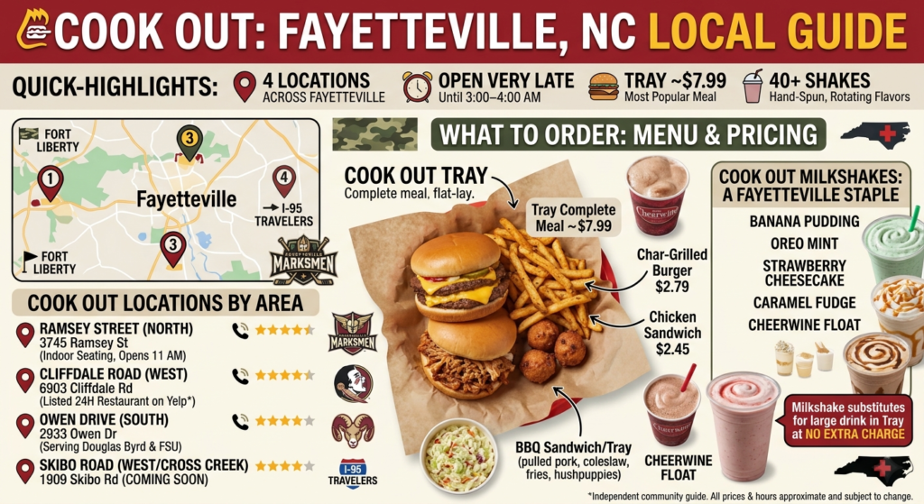 Explore Cook Out Fayetteville NC locations, menu prices, late-night hours, milkshake flavors, and drive-thru options near Fort Liberty and Fayetteville State University.