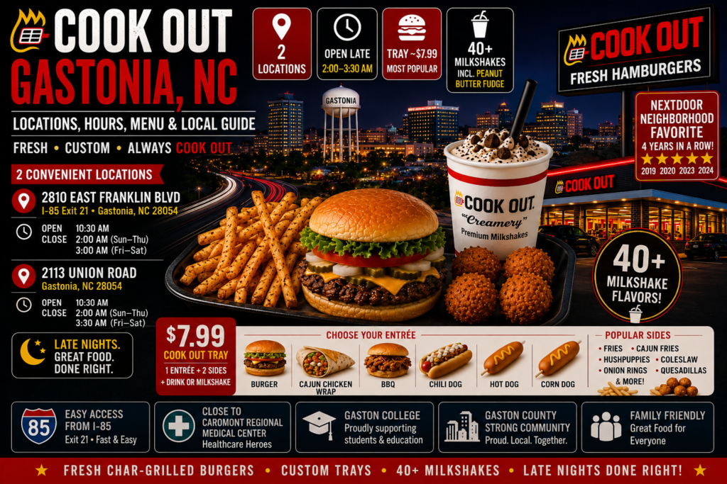 Cook Out Gastonia, North Carolina promotional graphic featuring a char-grilled cheeseburger, seasoned fries, hushpuppies, and a premium milkshake in front of a nighttime Gastonia skyline. The image highlights two Gastonia locations, late-night hours until 2:00–3:30 AM, Cook Out Trays, 40+ milkshake flavors, and convenient access from I-85.