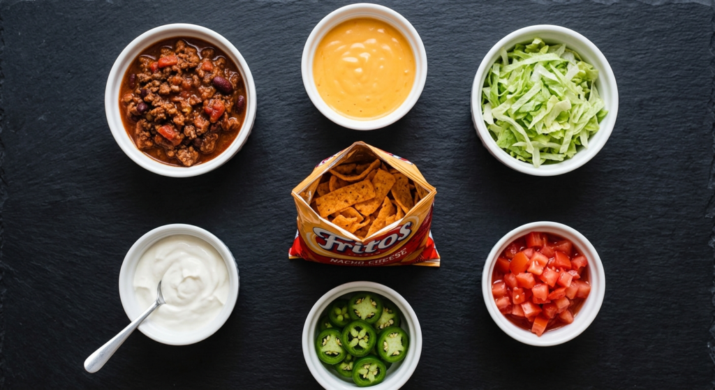 All ingredients of a Cook Out walking taco displayed separately — beef chili, nacho cheese chips, melted cheese, sour cream, shredded lettuce, jalapeños and diced tomatoes