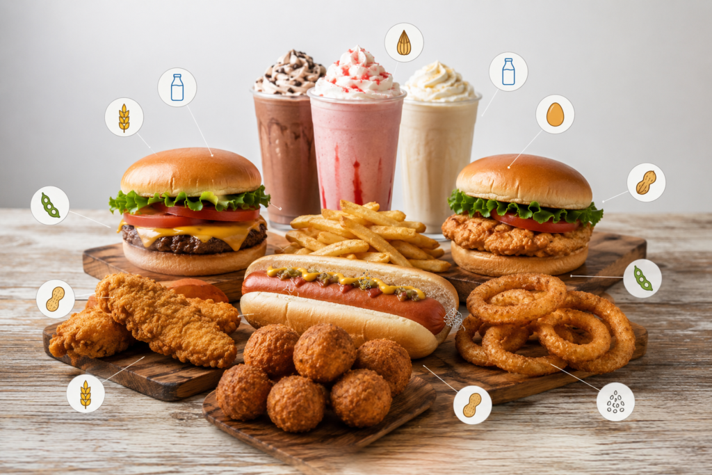 Cook Out menu featuring burgers chicken fries hot dogs and milkshakes with common allergen indicators