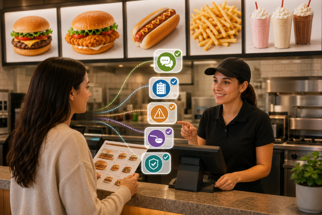 Customer discussing food allergies while ordering from the Cook Out menu
