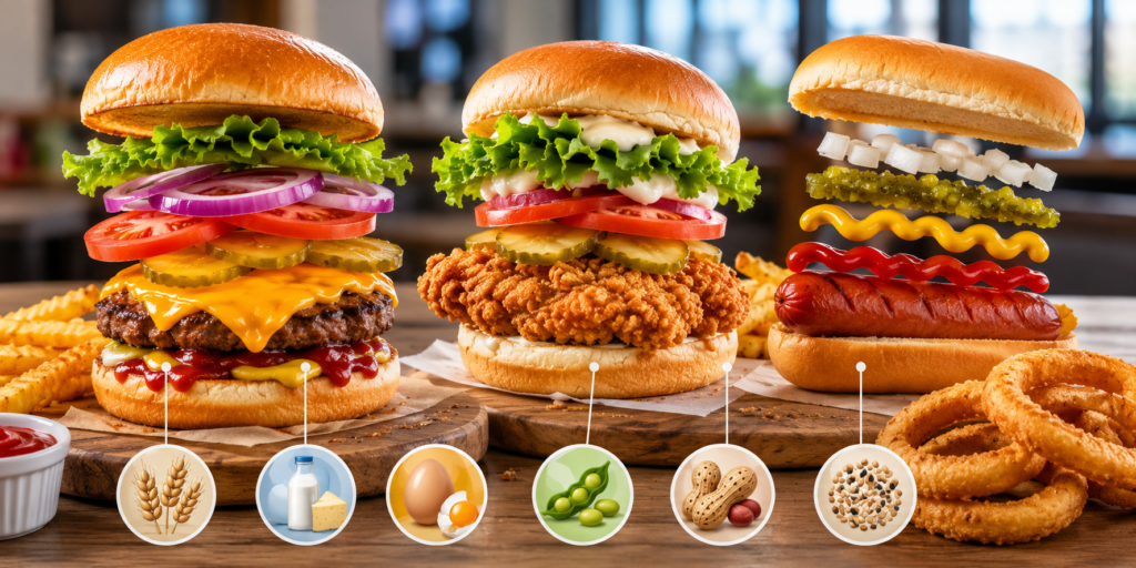 Cook Out burger chicken sandwich and hot dog showing common allergen ingredients