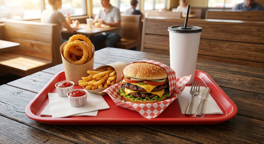 Cook Out tray meal with burger fries onion rings and drink