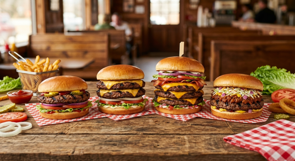 Cook Out burgers menu featuring regular big double huge and cookout style burgers