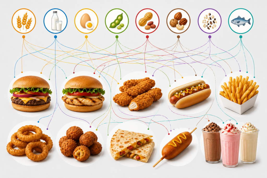 Visual overview of Cook Out foods categorized by common allergens
