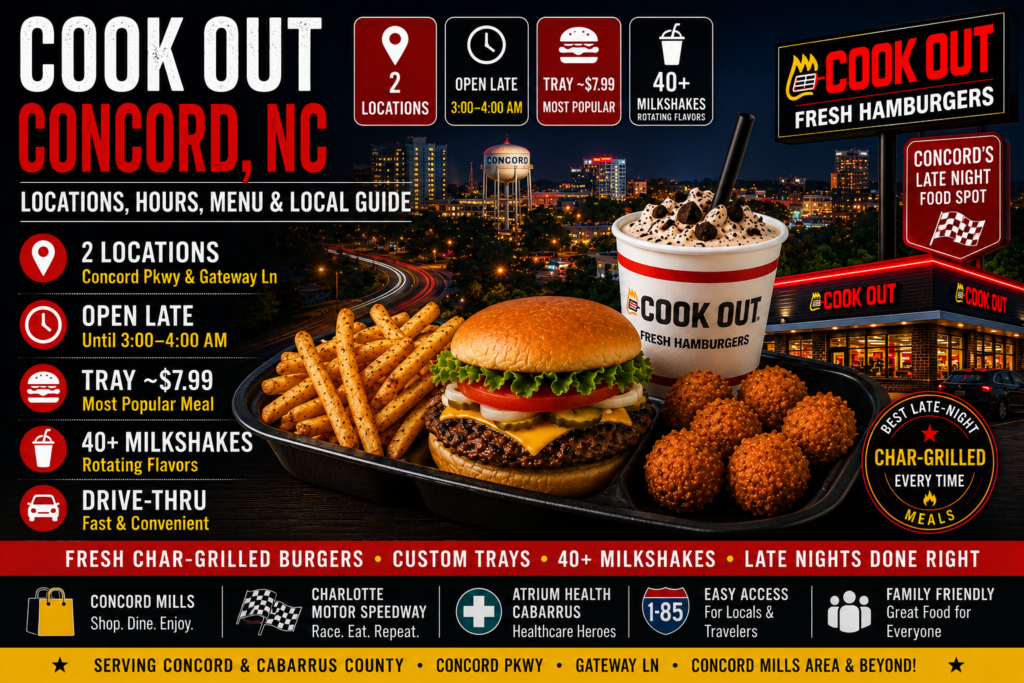 Promotional graphic for Cook Out in Concord, North Carolina, featuring a char-grilled cheeseburger, seasoned fries, hushpuppies, and a milkshake in front of a nighttime city skyline. The design highlights two Concord locations, late-night hours until 3:00–4:00 AM, Cook Out Trays, 40+ milkshake flavors, drive-thru service, and popular local destinations.