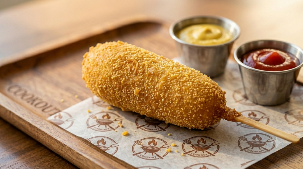 Golden fried Cook Out corn dog served with mustard and ketchup