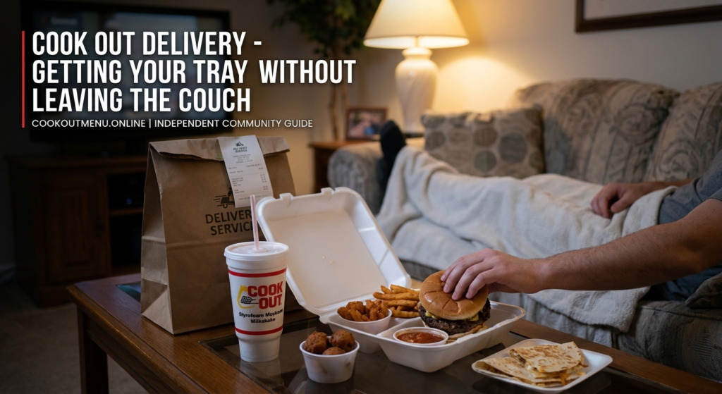 Cook Out delivery guide showing how to order Cook Out online through DoorDash, Uber Eats, Grubhub, delivery costs, hours, and best menu items for delivery.