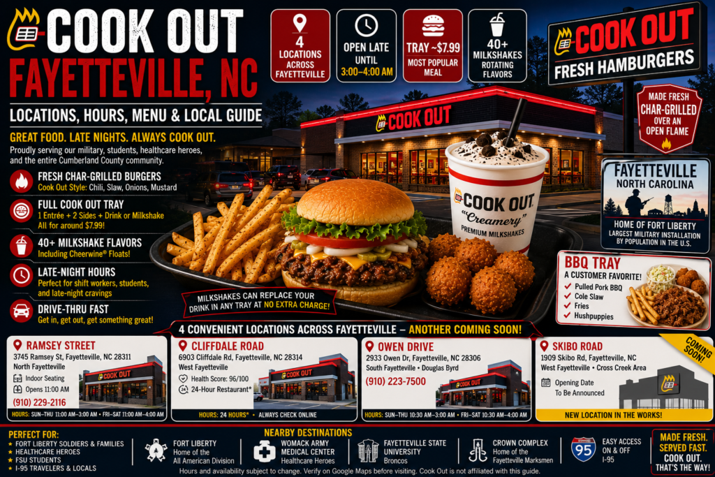 Cook Out Fayetteville NC guide featuring char-grilled burgers, Cook Out Tray, milkshakes, late-night hours, and Fayetteville locations including Ramsey Street, Cliffdale Road, Owen Drive, and upcoming Skibo Road restaurant.