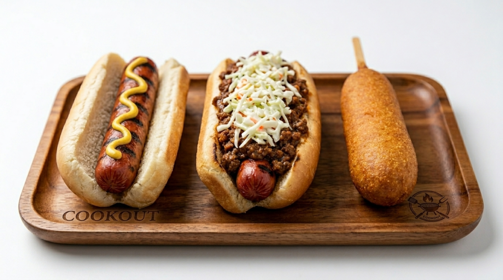 Cook Out hot dog menu items including plain hot dog chili slaw dog and corn dog