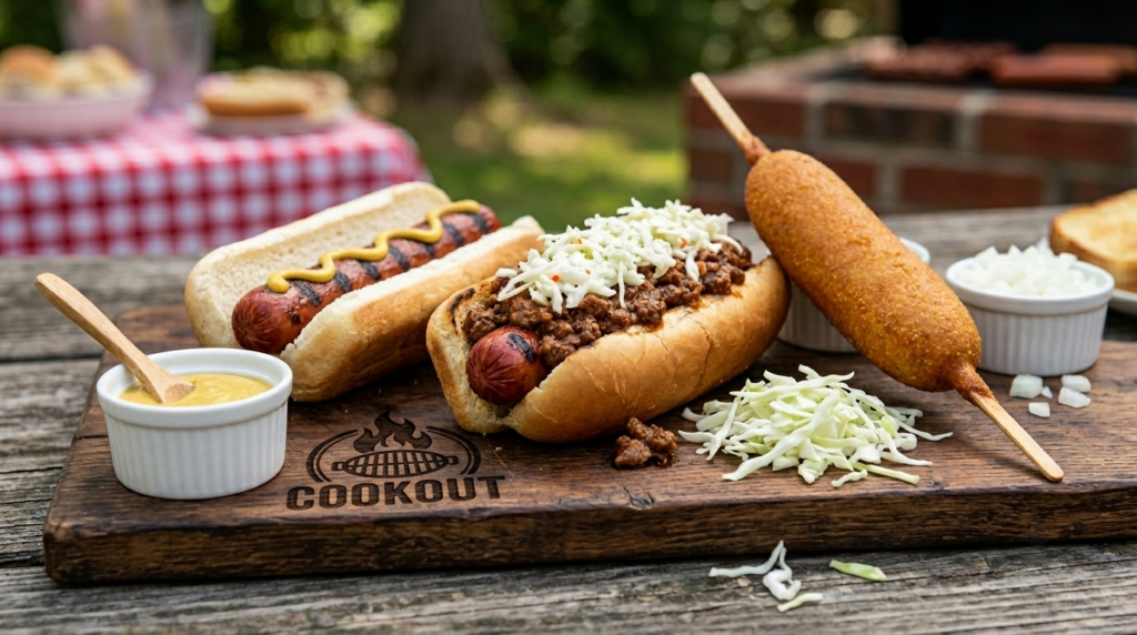 Three Cook Out style hot dogs including plain hot dog, chili slaw dog and corn dog displayed on a wooden serving board