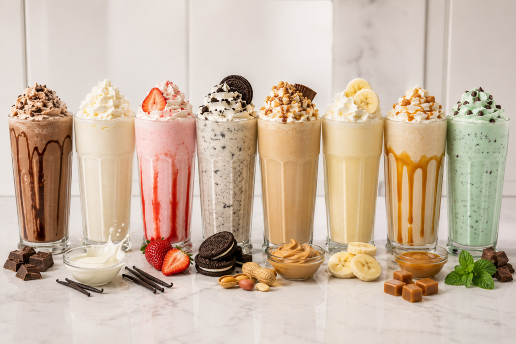 Cook Out style milkshakes displaying flavors with common allergen ingredients