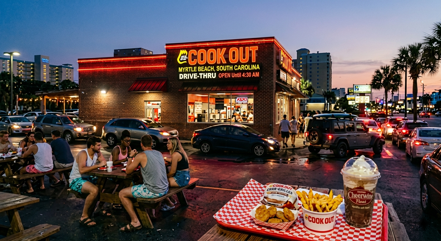 A realistic twilight photograph of the Cook Out restaurant located at 1800 North Kings Highway in Myrtle Beach, South Carolina. The brick building features prominent red neon signs displaying "COOK OUT," "MYRTLE BEACH, SOUTH CAROLINA," and "OPEN LATE Until 4:30 AM." In the foreground, a wooden picnic table holds a red-and-white checkered tray loaded with a wrapped char-grilled burger, crispy chicken nuggets, french fries, and a large hand-spun Cheerwine Float topped with vanilla soft serve. In the outdoor seating area, customers in casual summer attire are dining, while a line of cars—including a Jeep carrying a surfboard—waits in the drive-thru lane against a backdrop of palm trees and coastal high-rise hotels at dusk.