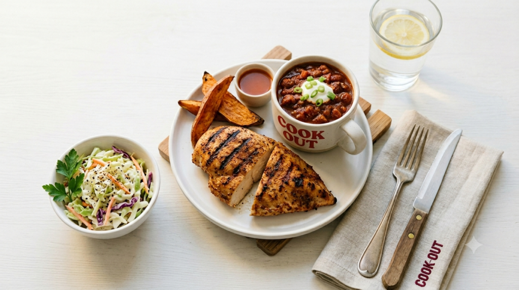 Flat lay view of a Cook Out style meal featuring grilled chicken breast without a bun, a cup of chili, and creamy coleslaw arranged on a clean white surface with soft natural lighting.