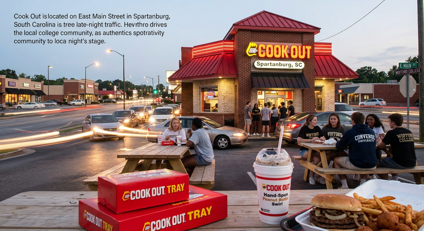 A multi-panel local guide infographic for Cook Out Spartanburg, South Carolina. The left side is a twilight photograph of the original 1966 East Main Street location showing late-night traffic, students from Wofford and Converse dining at picnic tables, and overlaid text indicating perfect health scores, 2 total locations serving the area, and late-night hours until 3:00-4:00 AM. The top right is a Spartanburg map with pins for both locations (E Main St and John B White Blvd) relative to geographic landmarks, I-85, and major colleges like Wofford College, Converse University, and USC Upstate, with data points below showing '2 Total Locations' and '7 Colleges in City'. The bottom right is a "What to Order" section with illustrated callouts for a double burger with grilled onions ($4.29+), Cajun fries ($), and hushpuppies ($) as parts of a customizable Cook Out Tray (~$7.99). Four illustrated milkshakes below show flavor blends including Oreo & PB Fudge, highlighted as the most popular. The footer features the CookoutsMenu.online logo and an independent guide disclaimer.