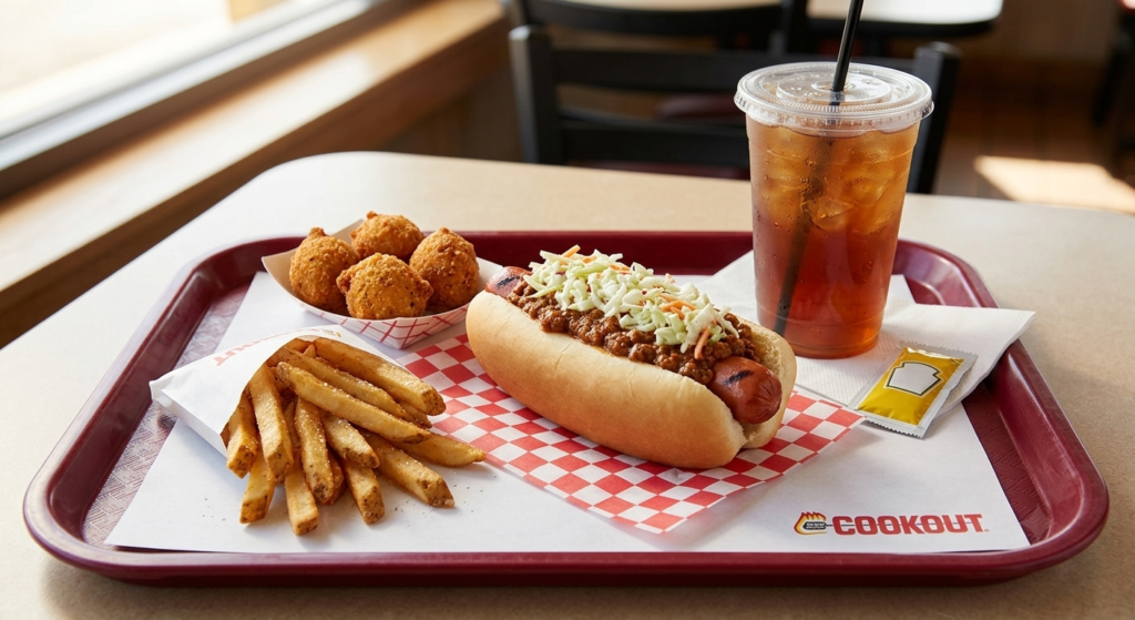 Cook Out Tray meal with a chili slaw dog as the entrée, cajun fries and onion rings as sides, and a drink