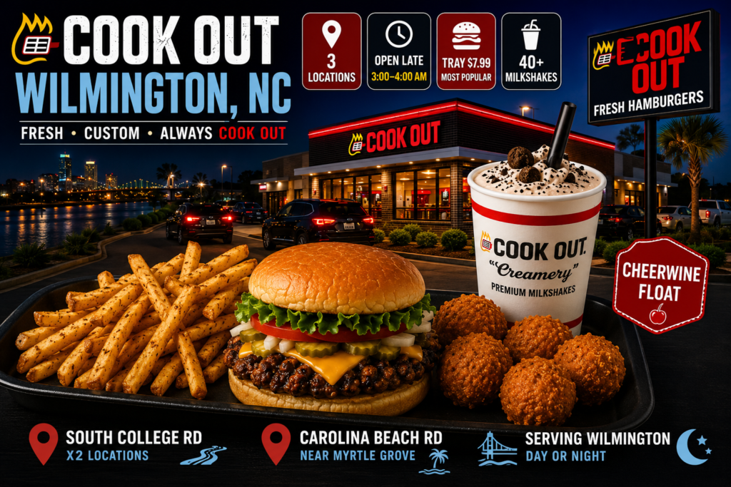 Cook Out Wilmington North Carolina restaurant at night featuring a char-grilled burger, fries, hushpuppies, Cheerwine float milkshake, and information about Wilmington locations on South College Road and Carolina Beach Road.
