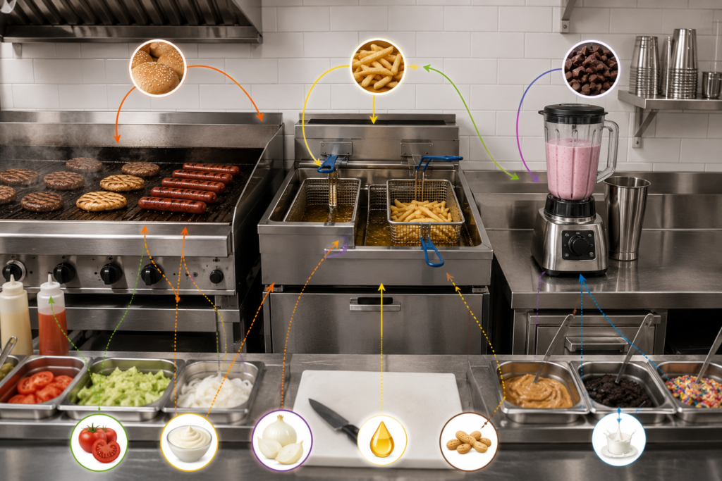 Restaurant kitchen showing shared grill fryer and blender for allergen cross contact awareness