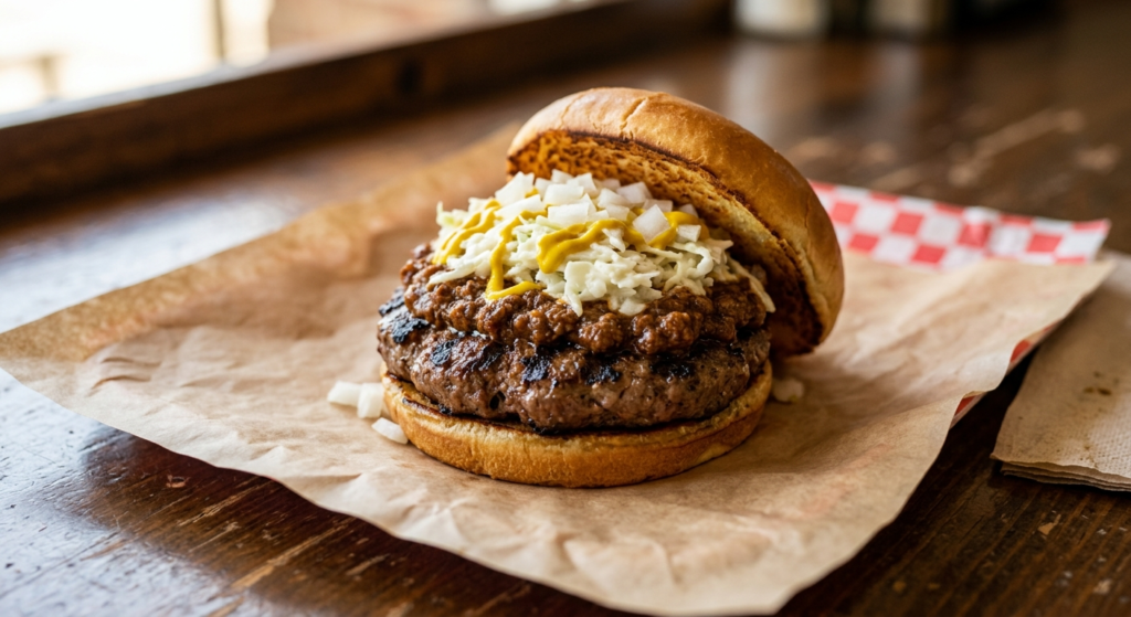 Cookout Style hamburger with chili slaw mustard and onions