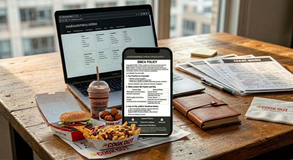 DMCA Policy infographic for CookoutsMenu.online explaining copyright notices, takedown requests, counter notices, and intellectual property protection.