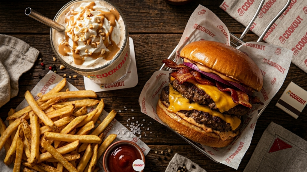 High-calorie Cook Out menu items including burgers, fries, milkshakes, and tray combinations that can significantly increase total calorie intake.