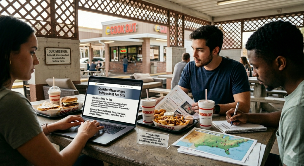 A small team of three people collaborates at an outdoor restaurant table with Cook Out food trays and drinks. A woman types on a laptop that clearly displays a readable 'About Us' page for CookoutsMenu.online with a professional blue and grey color scheme, while two men review research notes.