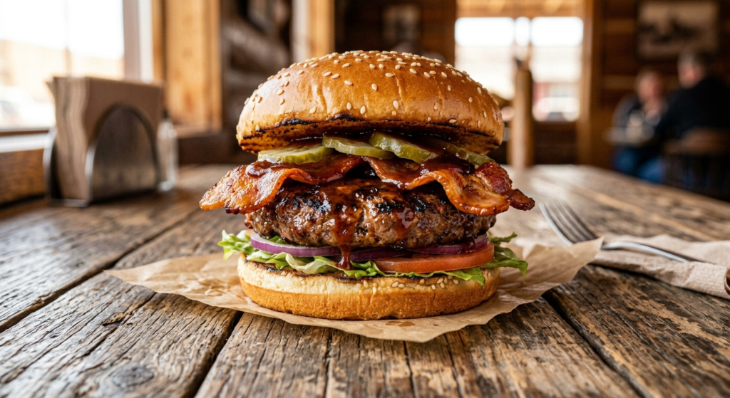 Out West Style burger with bacon barbecue sauce pickles and onions