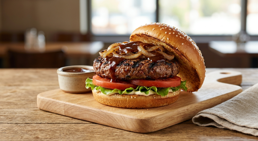 Steak Style burger with A1 sauce grilled onions lettuce and tomato