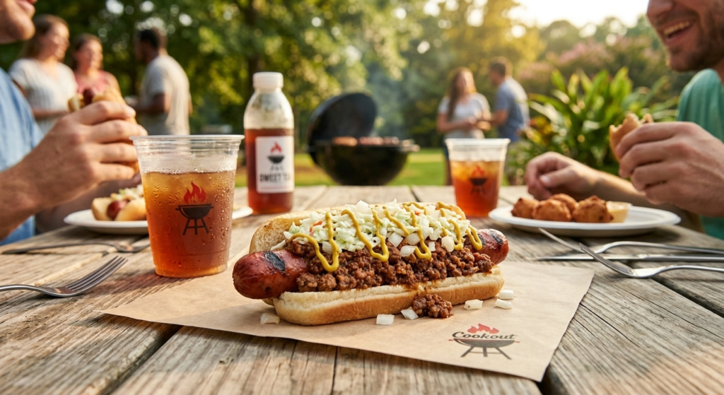 Traditional Carolina style hot dog topped with chili slaw mustard and onions