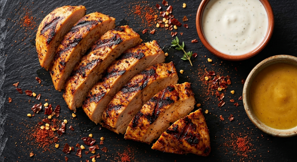 Sliced char-grilled Cajun chicken strips with paprika seasoning and ranch and honey mustard dipping sauces