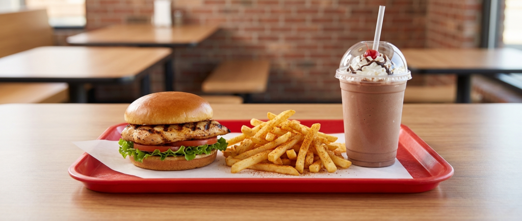 Cook Out style meal tray with a Cajun chicken sandwich, seasoned fries, and a milkshake