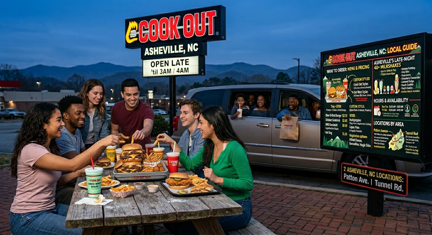 A diverse group of young adults are gathered around a wooden picnic table outside a Cook Out restaurant in Asheville, North Carolina at dusk. The table is filled with realistic Cook Out trays featuring char-grilled burgers, crispy chicken sandwiches, french fries, and milkshakes. In the background, a large illuminated sign reads "COOK OUT - ASHEVILLE, NC - OPEN LATE 'til 3AM / 4AM". To the right, a bright menu board highlights "Asheville, NC: Local Guide," detailing locations on Patton Ave and Tunnel Rd, along with menu pricing. Behind the group, a silver minivan is pulled up to the drive-thru window, and the silhouette of the Blue Ridge Mountains is visible against the twilight sky.