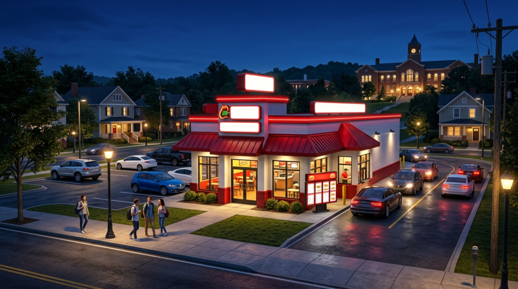 Cook Out drive-thru restaurant location in Athens Georgia near University of Georgia campus on Baxter Street