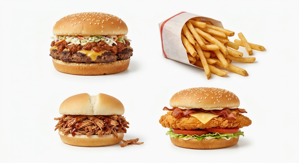 Cook Out Athens Georgia menu items including char-grilled burger, cookout fries, chopped pork BBQ sandwich, and chicken strip club