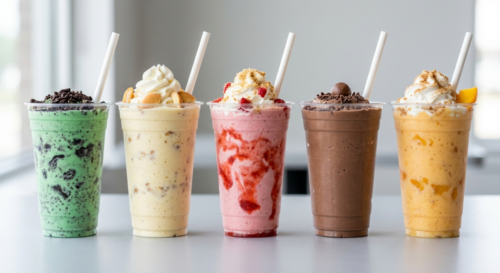 Cook Out Athens Georgia milkshake flavors including Oreo Mint, Banana Pudding, Strawberry Cheesecake, Chocolate Malt, and Peach Cobbler