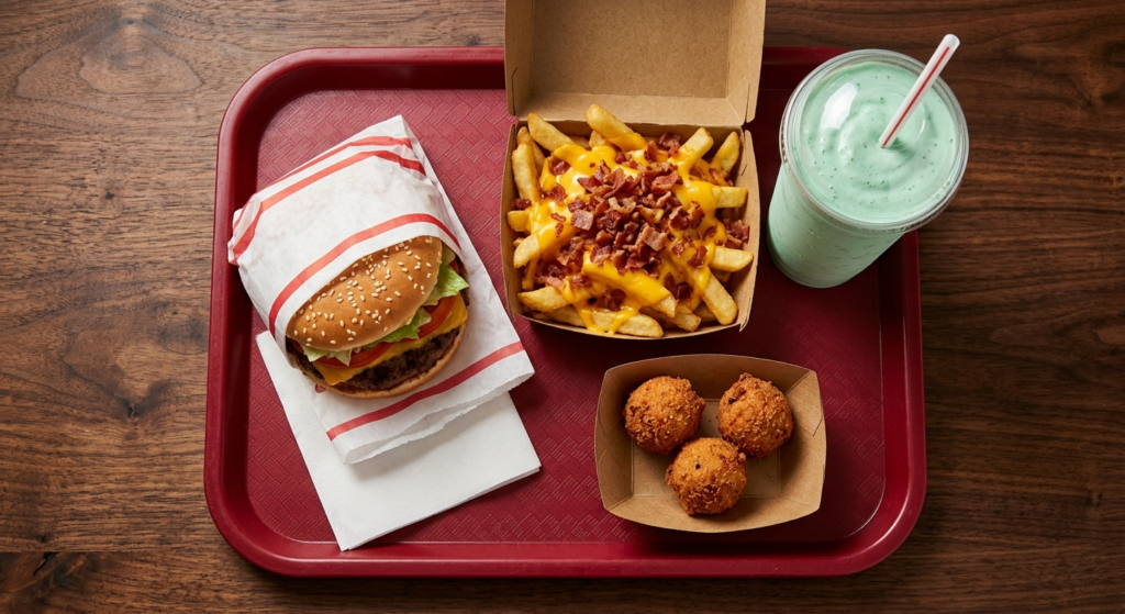Cook Out Athens Georgia popular tray combination with Style Burger, loaded Cookout Fries, hushpuppies, and Oreo Mint milkshake on red tray