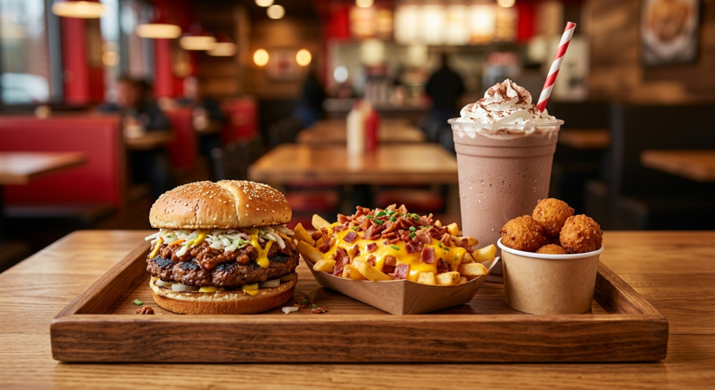 Cook Out Athens GA tray meal with char-grilled burger, loaded cookout fries, hushpuppies, and milkshake