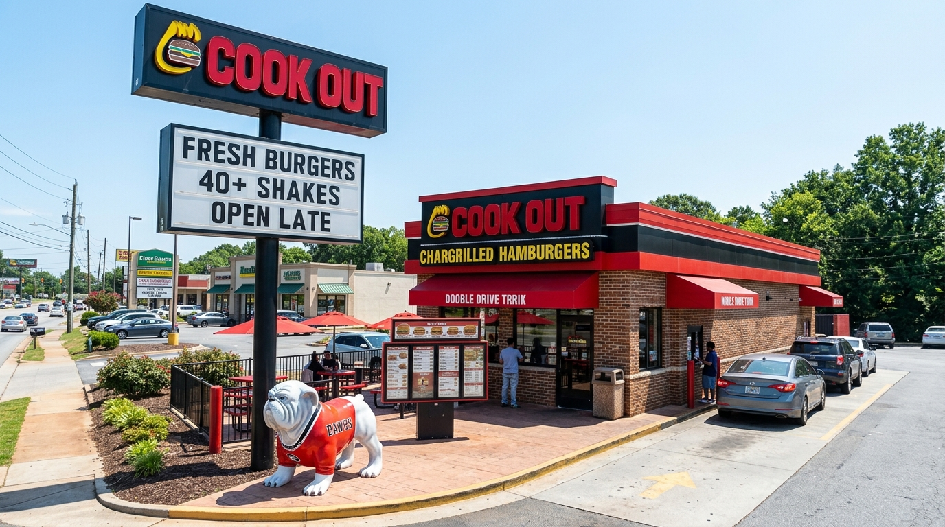Cook Out Athens GA restaurant serving char-grilled burgers, affordable Cook Out Trays, loaded fries, and 40+ milkshake flavors near the University of Georgia campus