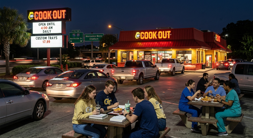 Cook Out restaurant in Atlanta Georgia featuring famous char grilled burgers, Cook Out Tray meals, 40 plus milkshake flavors, and late-night dining at Northside, Midtown, and East Atlanta locations.