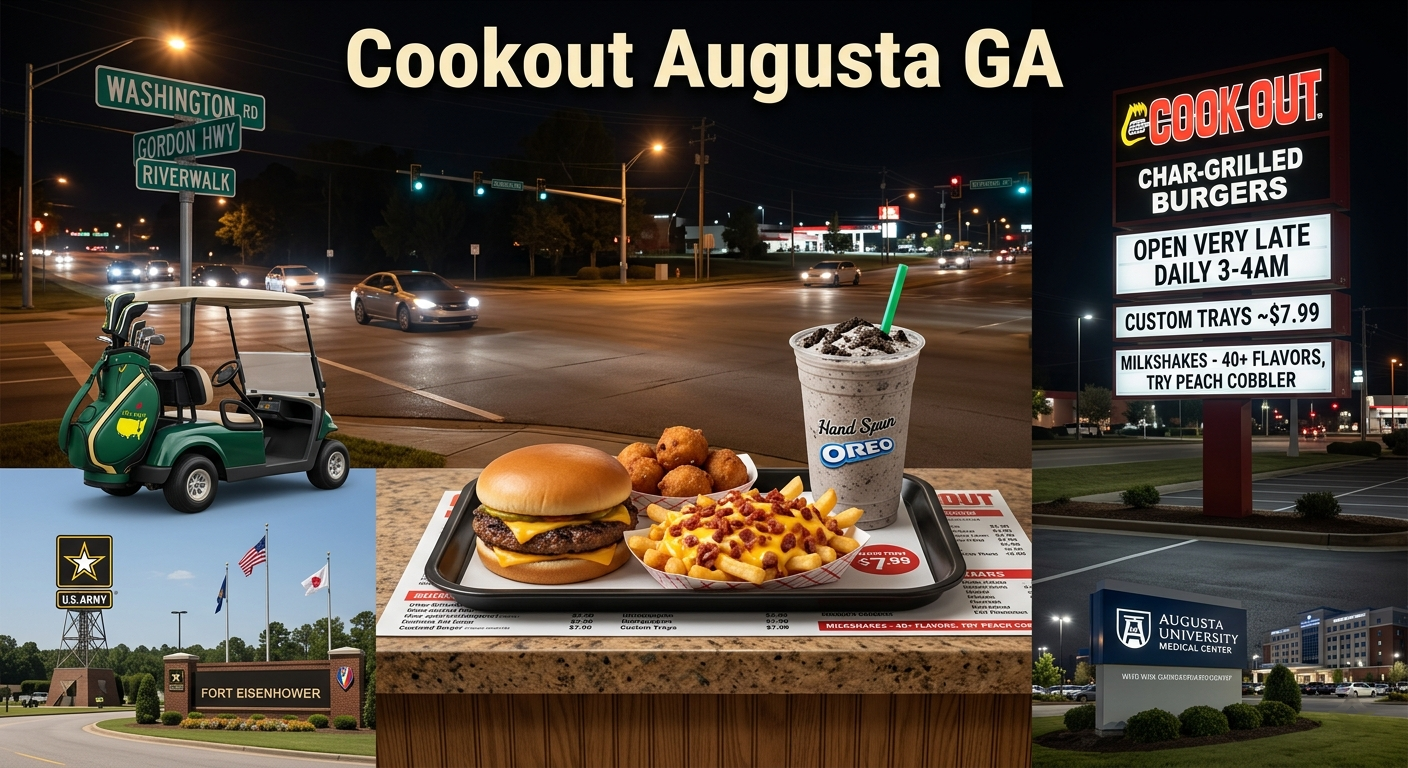 Cook Out restaurant in Augusta Georgia featuring char-grilled burgers, Cook Out Tray meals, 40+ milkshake flavors, late-night hours, and locations near Fort Eisenhower and Augusta University