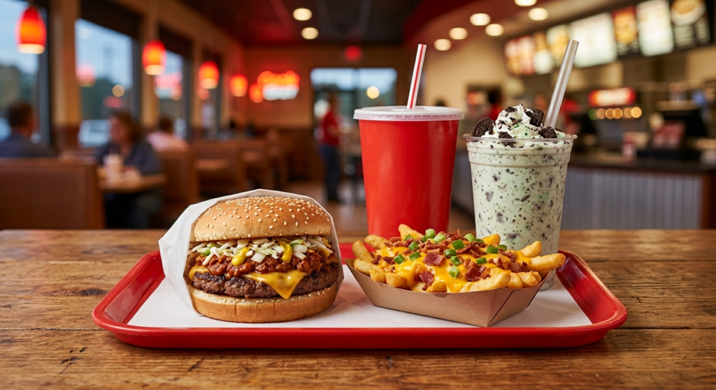 Cook Out Augusta Georgia char-grilled burger tray with Oreo Mint milkshake and loaded cheese fries