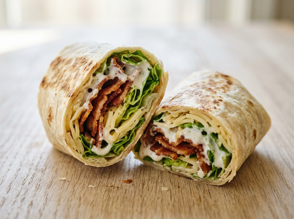 Cook Out Bacon Wrap cut in half showing crispy bacon strips, shredded cheddar cheese, lettuce and ranch dressing inside a flour tortilla
