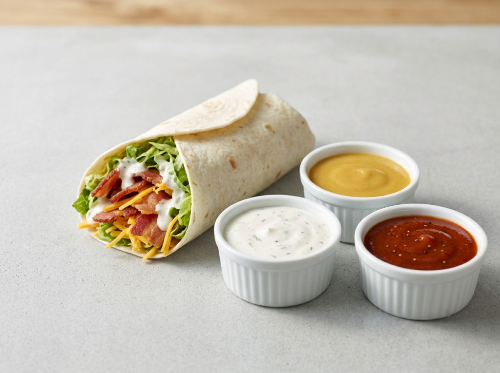 Cook Out Bacon Wrap served next to three sauce options in small white ramekins: creamy ranch dressing, golden honey mustard, and reddish-brown BBQ sauce