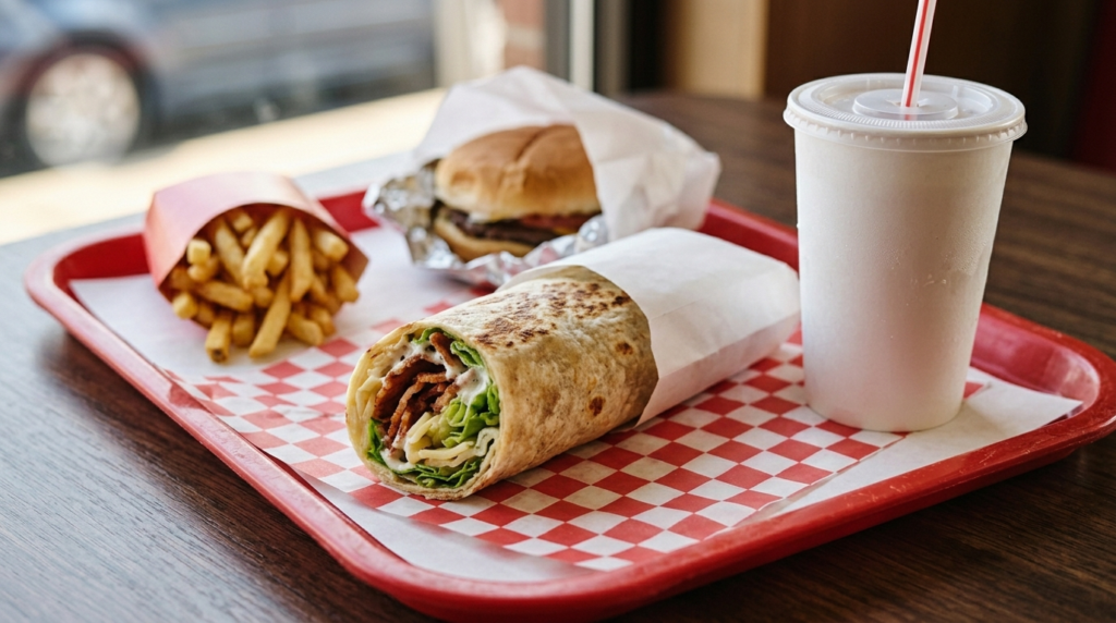 Cook Out Bacon Wrap served as a side in a fast food tray alongside french fries and a soft drink cup