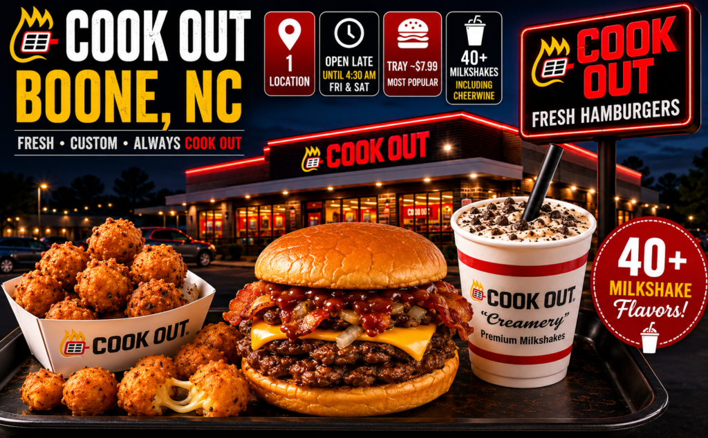 Cook Out Boone NC restaurant at night featuring char-grilled burgers, Cook Out Tray price, late-night hours, over 40 milkshake flavors, and the Blowing Rock Road location in Boone, North Carolina.
