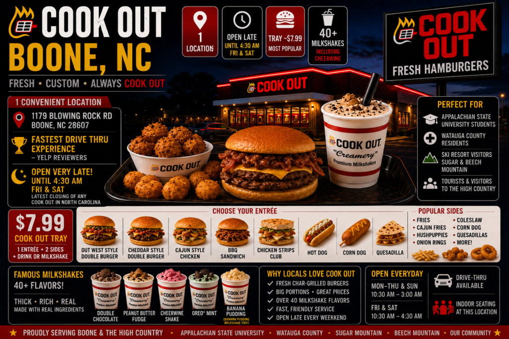 Cook Out Boone NC restaurant with location details, late night hours until 4:30 AM, Cook Out Tray price, char-grilled burgers, BBQ, sides, and over 40 milkshake flavors including Cheerwine and peanut butter fudge.
